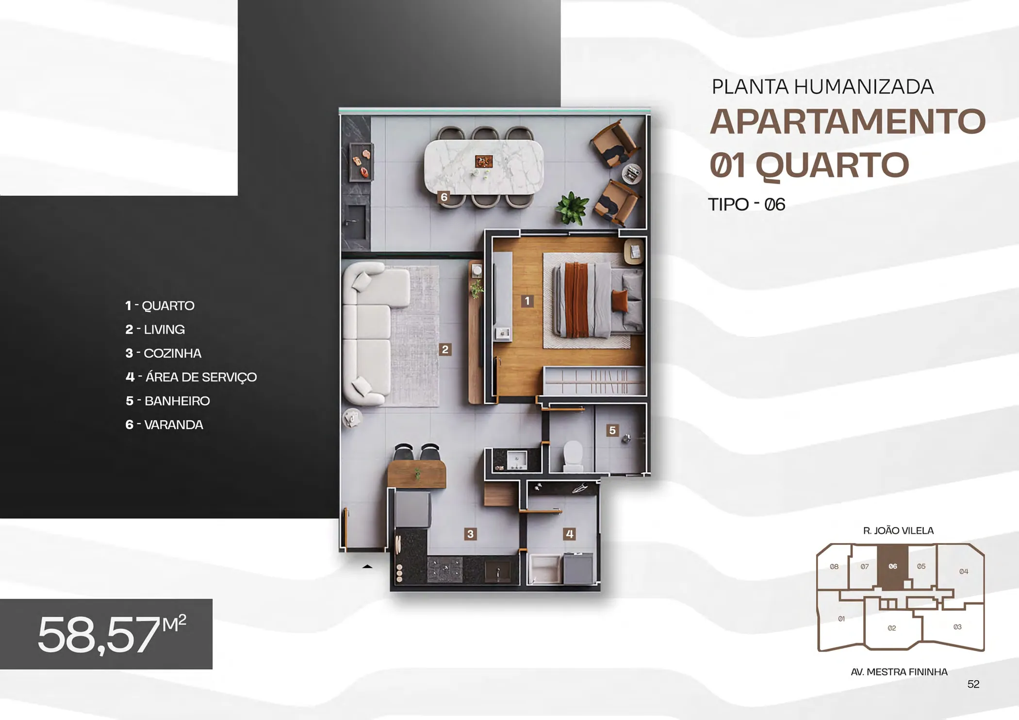 Planta humanizada de apartamento de 1 quarto