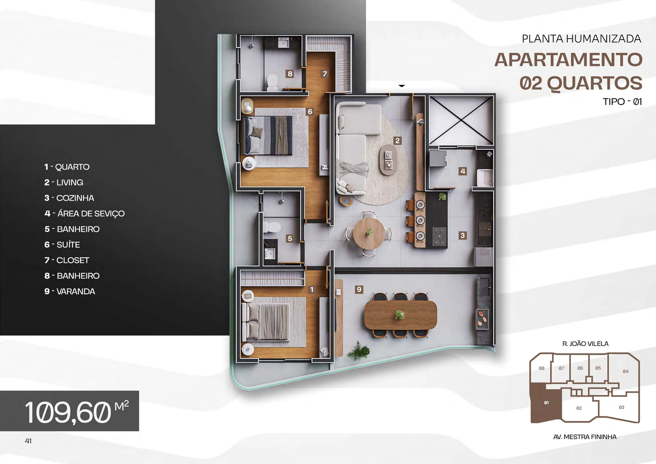 Planta humanizada de apartamento de 2 quartos