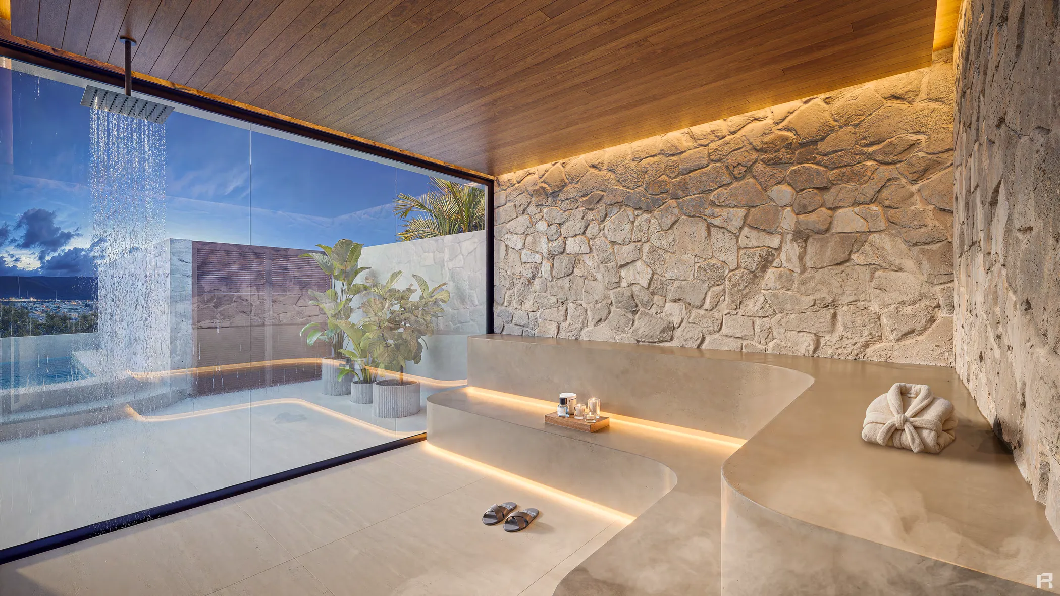 Sauna com parede de vidro